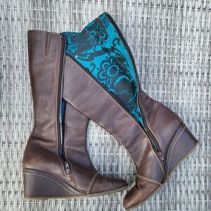Fly London Tall Wedge Boots Brown Leather EU39 / 9 Teal Lining